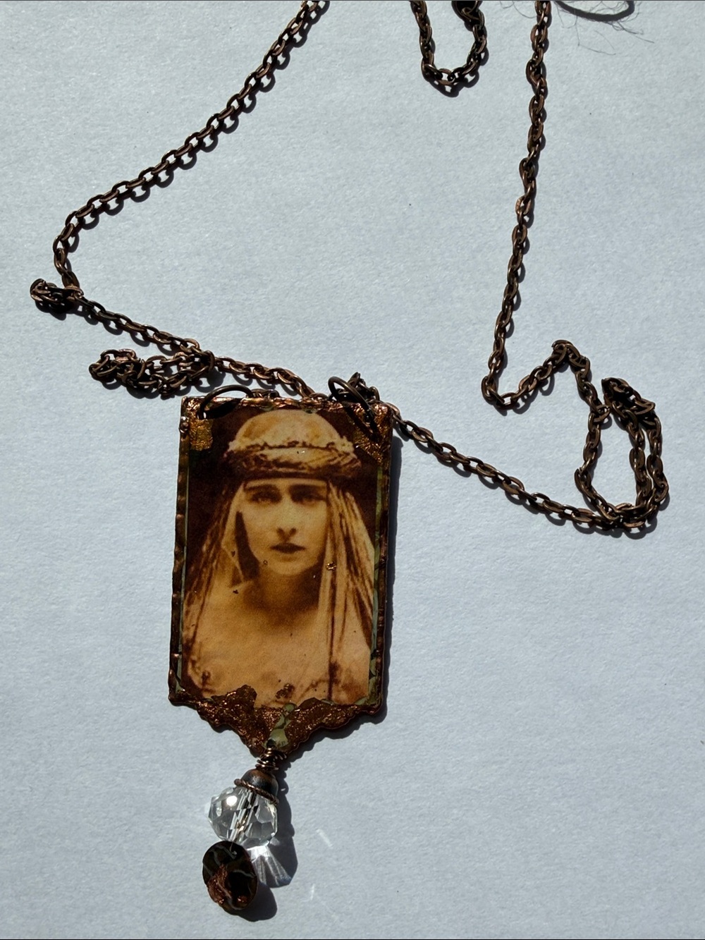 Vintage-Inspired Copper Photo Pendant Necklace in Brown